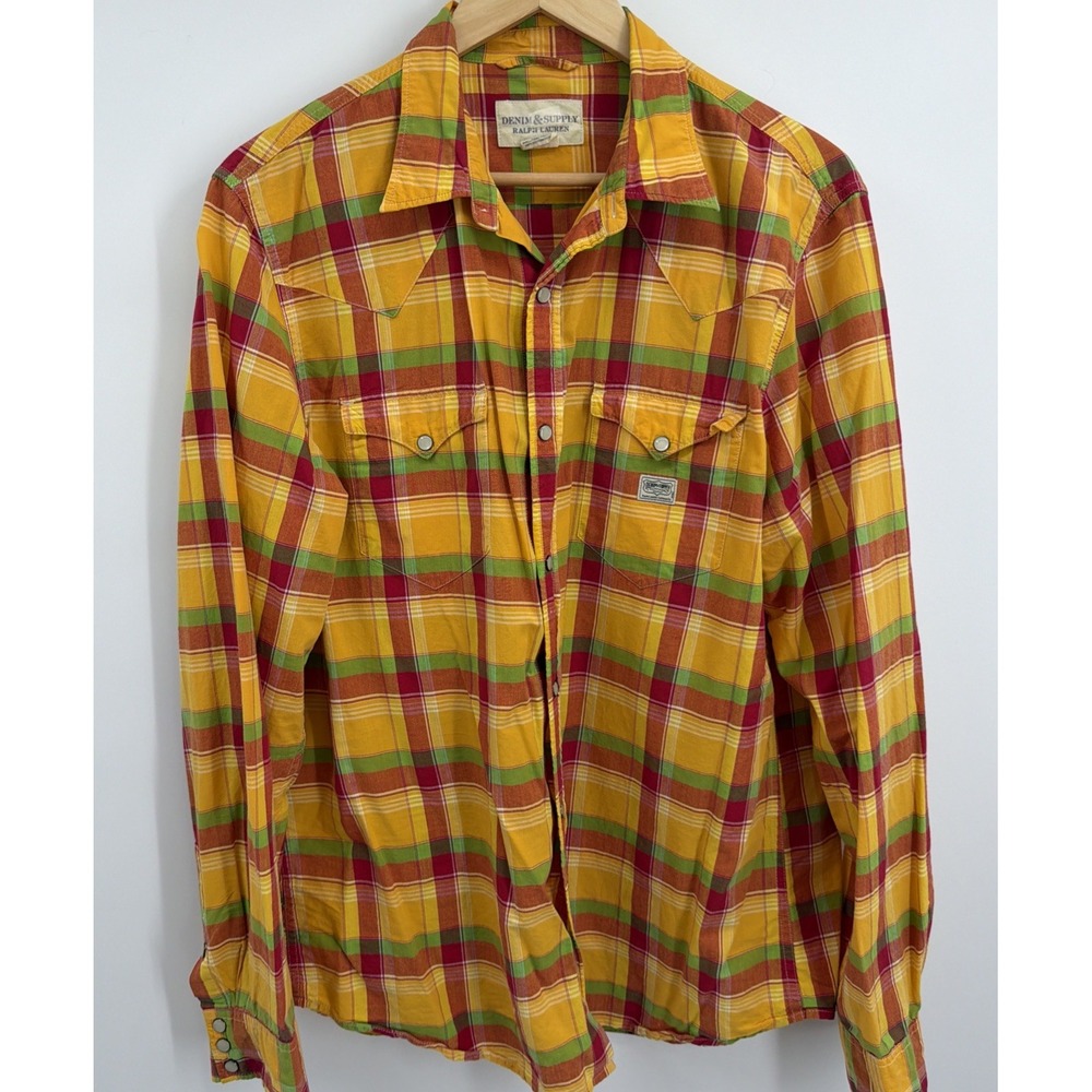 Ralph Lauren Denim & Supply VTG XL Yellow Plaid Shirt Pearl Snap Western Preppy